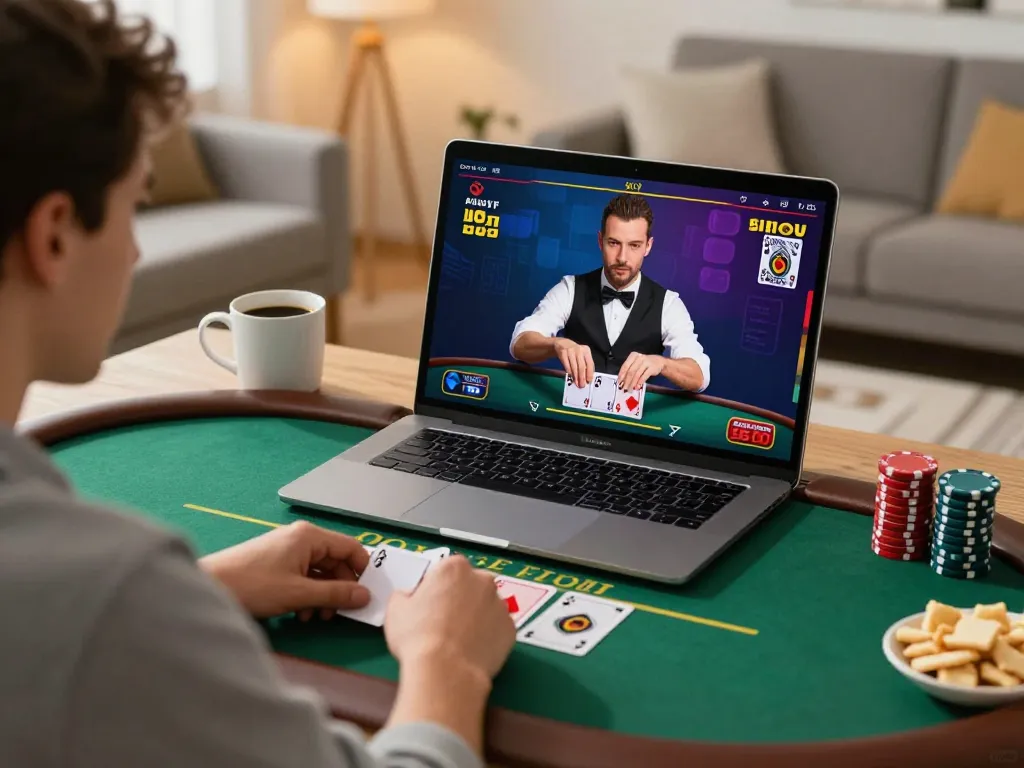 Experience sunwingo with a lively online blackjack game captured in a cozy home setting.