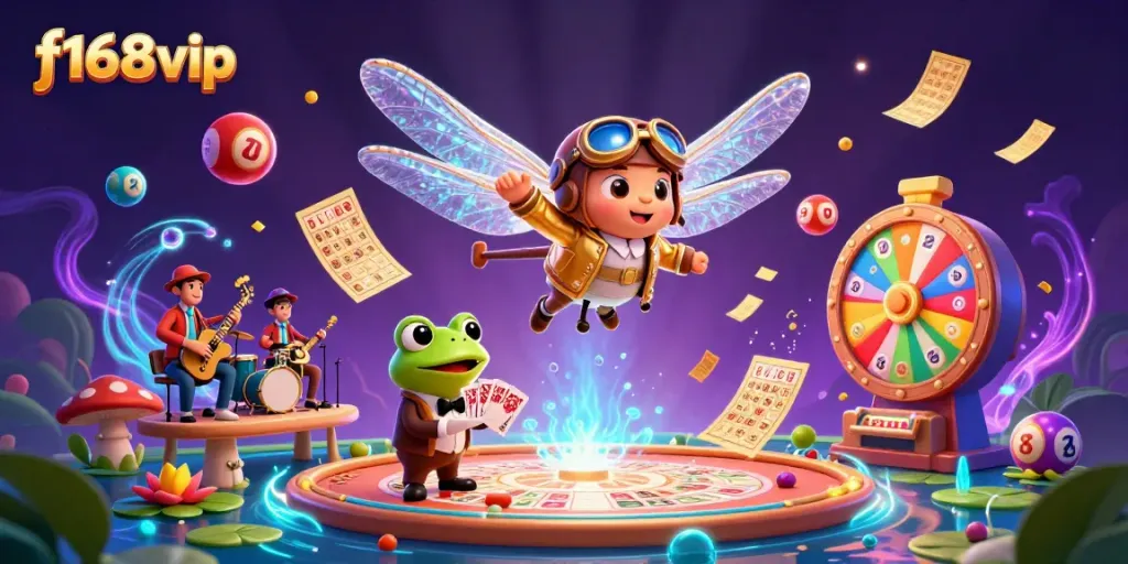 Engage with f168vip's dynamic online casino experience through vibrant 3D art featuring unique characters and game elements.