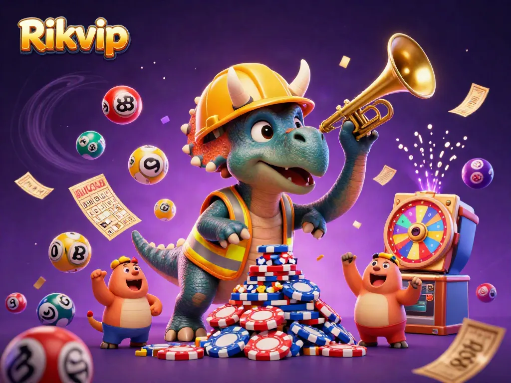 Engage in exciting games at Rikvip with vibrant casino elements surrounding animated characters.