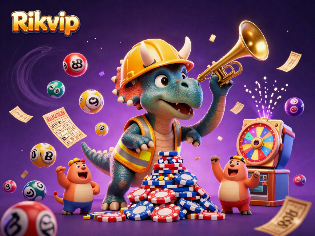 Engage in exciting games at Rikvip with vibrant casino elements surrounding animated characters.