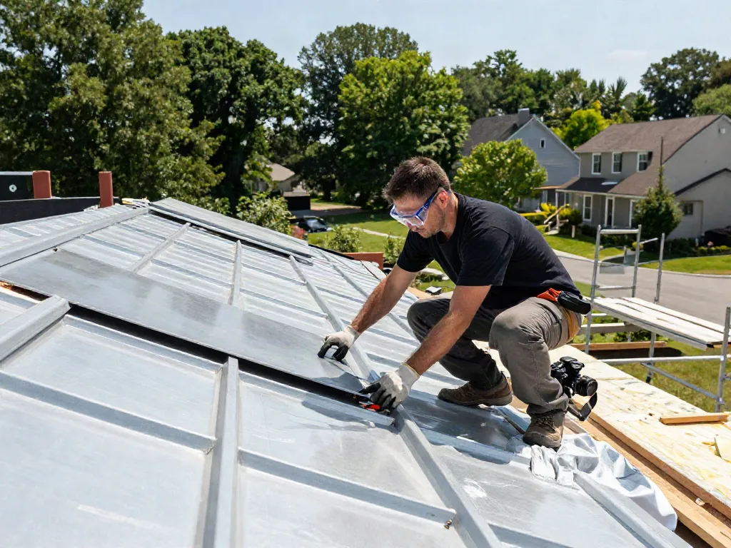 Contractor installing M Roof metal roofing on a sunny day