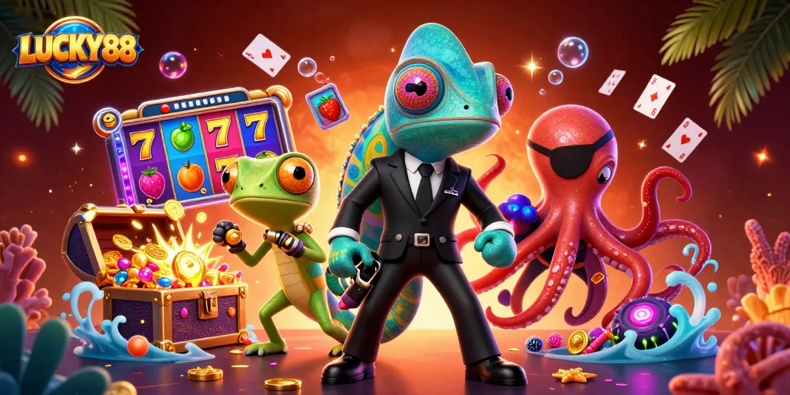 Experience the thrill of LUCKY88 with a vibrant 3D illustration of characters amidst colorful slot game elements.