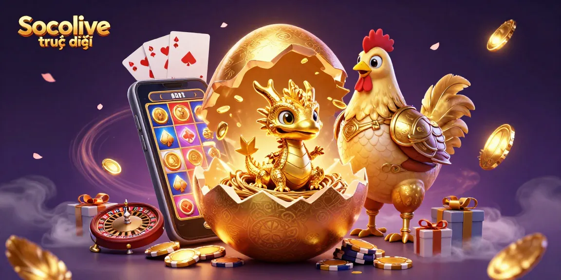 Socolive trực tiếp showcases a vibrant 3D scene with golden gaming treasures and a mystical atmosphere.