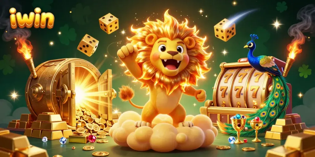 Experience the thrill of iwin with a vibrant 3D illustration showcasing casino elements and characters.