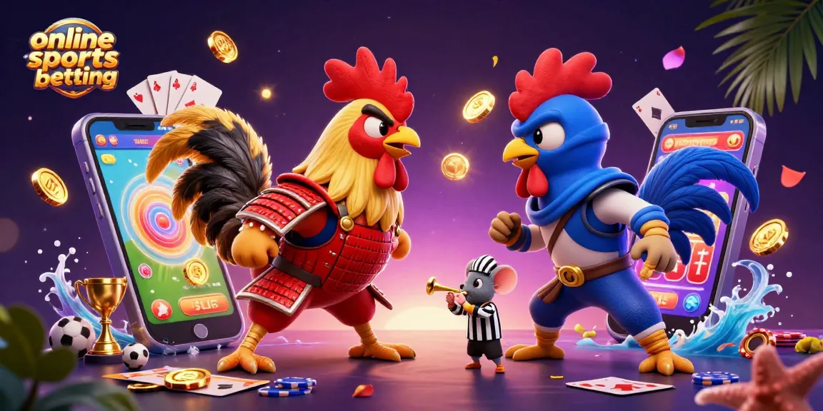Engage in online sports betting with dynamic 3D cartoon fighting roosters showcasing excitement and betting elements.