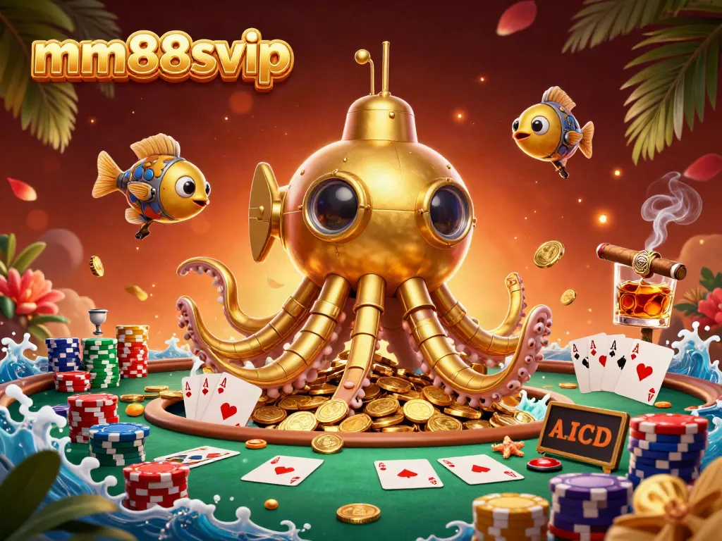 Join the thrill at mm88svip with a vibrant scene featuring a golden kraken and poker elements amidst golden coins.