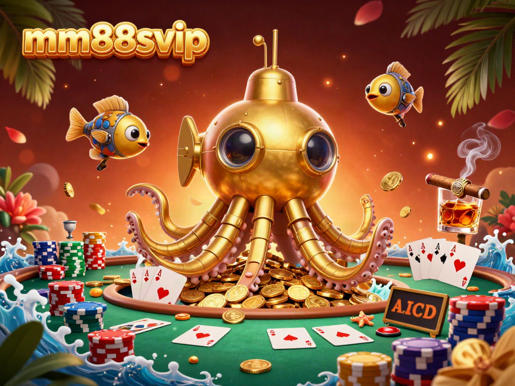 Join the thrill at mm88svip with a vibrant scene featuring a golden kraken and poker elements amidst golden coins.