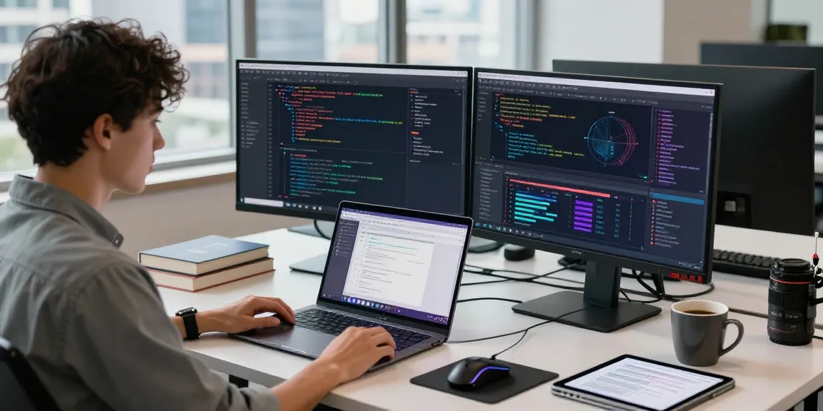 快连 tech workspace with a developer coding and vibrant screens in a modern office.