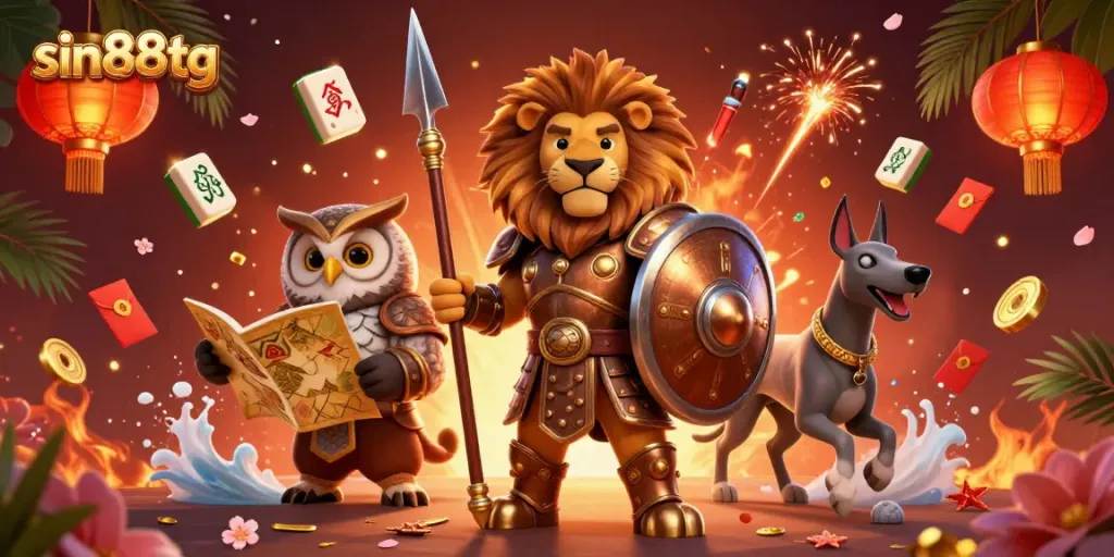 Experience thrilling gameplay at sin88tg with a dynamic scene of engaging casino elements and a heroic lion.