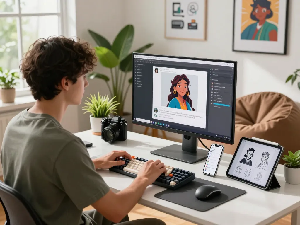 Engaging workspace featuring CrushOn AI interactions and character design, with vibrant tech tools and creative atmosphere.
