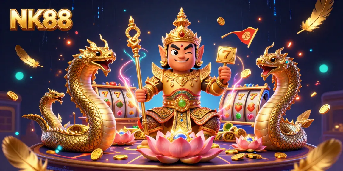 NK88 features a lively casino scene with a yaksha guardian and Naga companions amidst vibrant gaming elements.