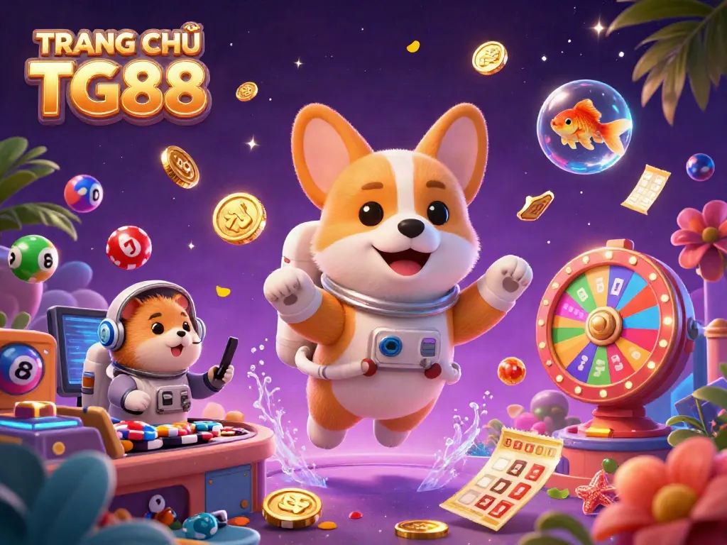 Engage in vibrant gaming excitement with TRANG CHỦ TG88's floating casino elements featuring lottery and bingo games.