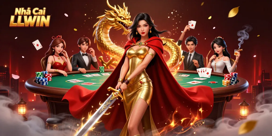 Play poker at Nhà Cái LLWIN, featuring a stunning warrior queen amidst dynamic casino scenes.