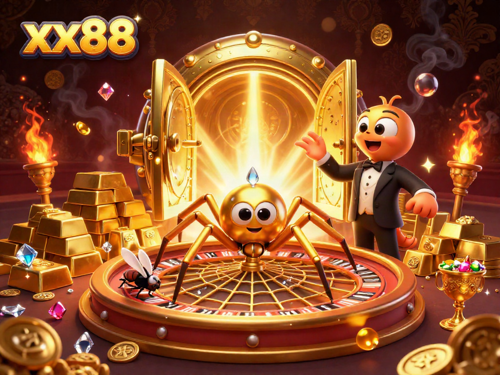 Visualize xx88 with a golden spider and centipede croupier betting in a luxurious casino scene.