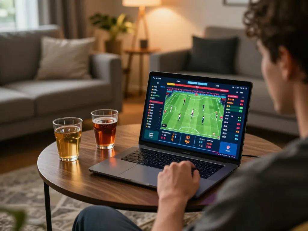 Player enjoying sports betting on dagago website in a cozy home environment.