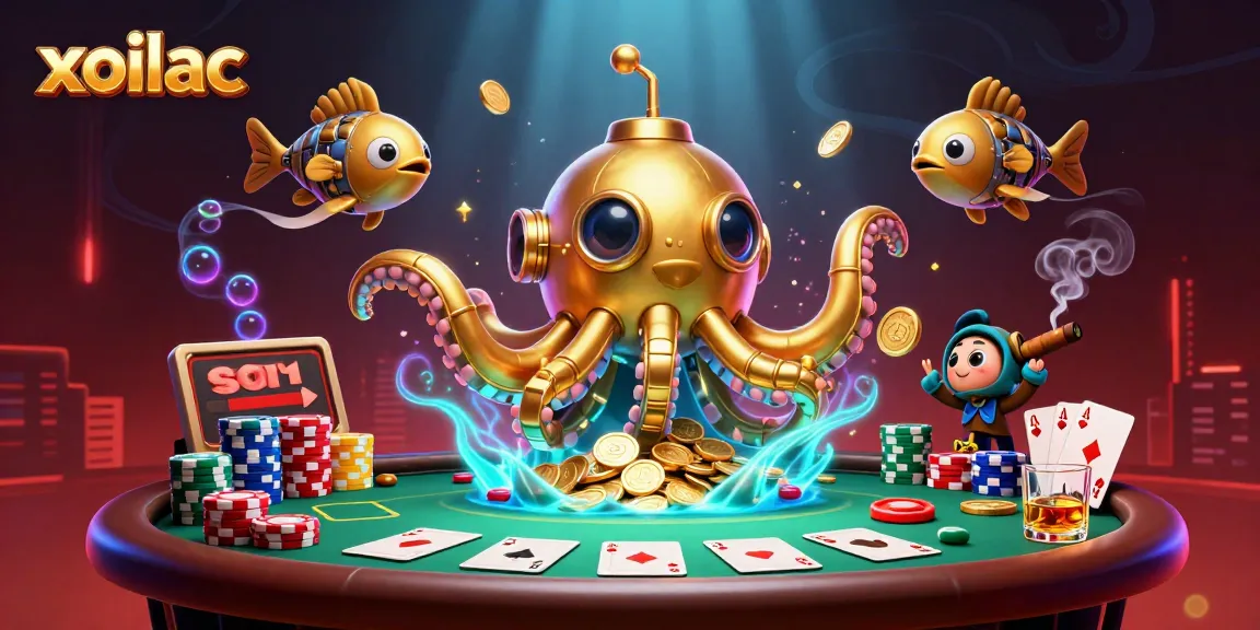 Experience thrilling action at xoilac with a golden kraken submarine and mechanical fish in a poker scene.