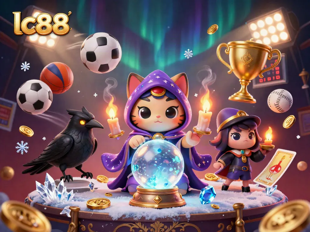 Betting on lc88 with a mystical cat and glowing raven amidst vibrant casino elements.