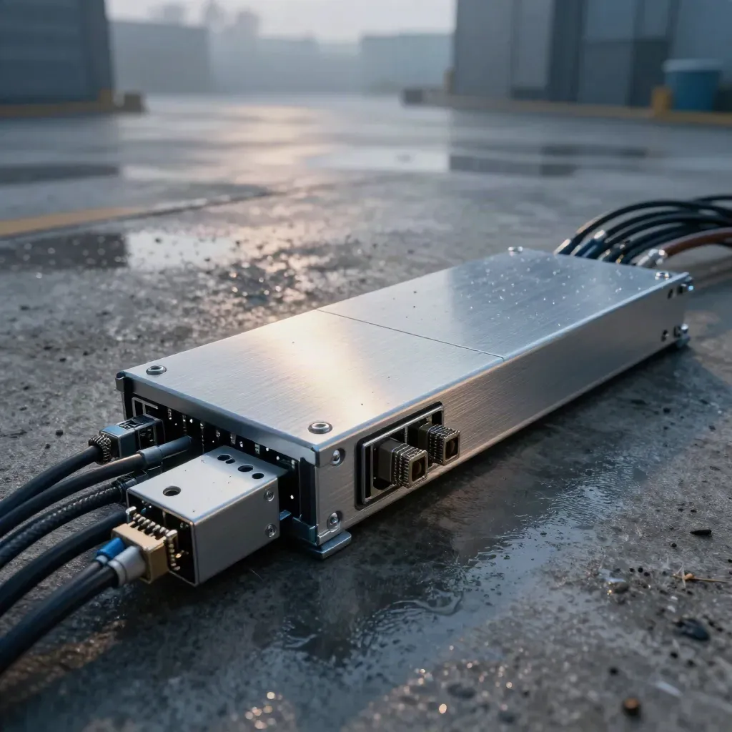 Extreme macro of server rails, drive caddies, and ethernet looms on wet concrete at dawn