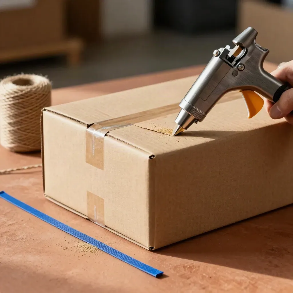 Kraft box corner with twine and a tape gun on terracotta clay, lit by soft side daylight.