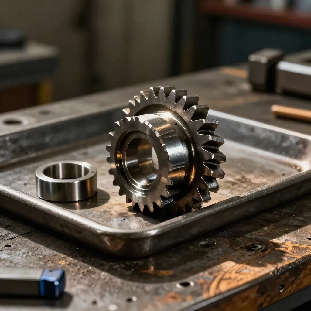 Machined gear blank, steel collar and oil-dark part tray on a dim workbench with warm hard light.