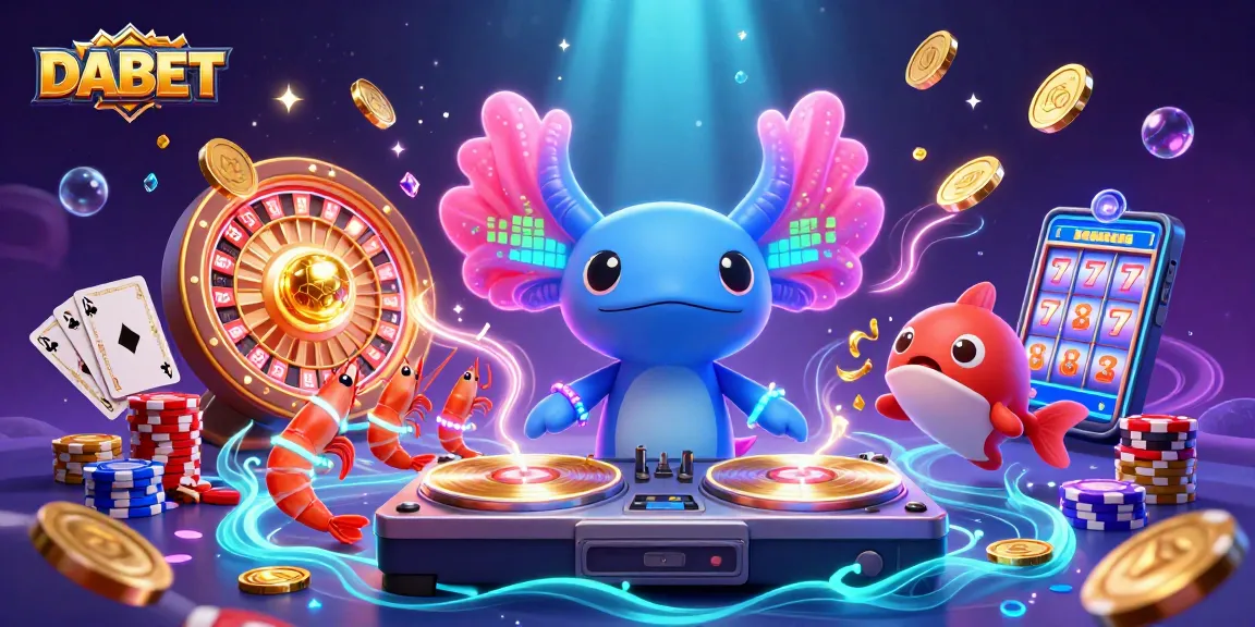 DABET showcases a vibrant underwater casino scene with a neon axolotl DJ and gold coins cascading in excitement.