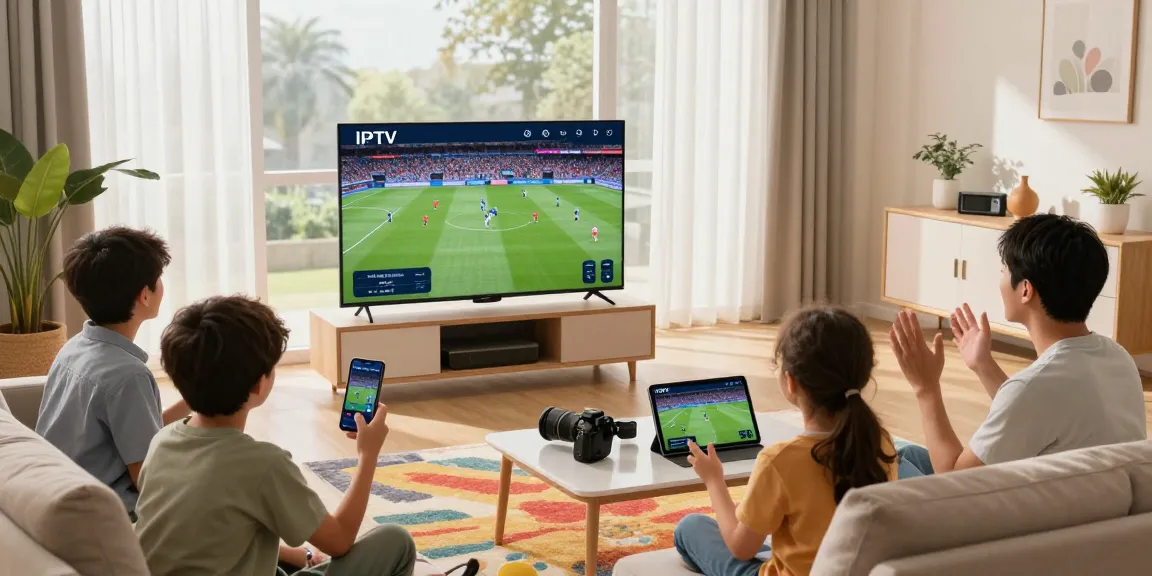 Enjoying the Meilleur iptv Canada in a modern living room with family, smart TV streaming sports.