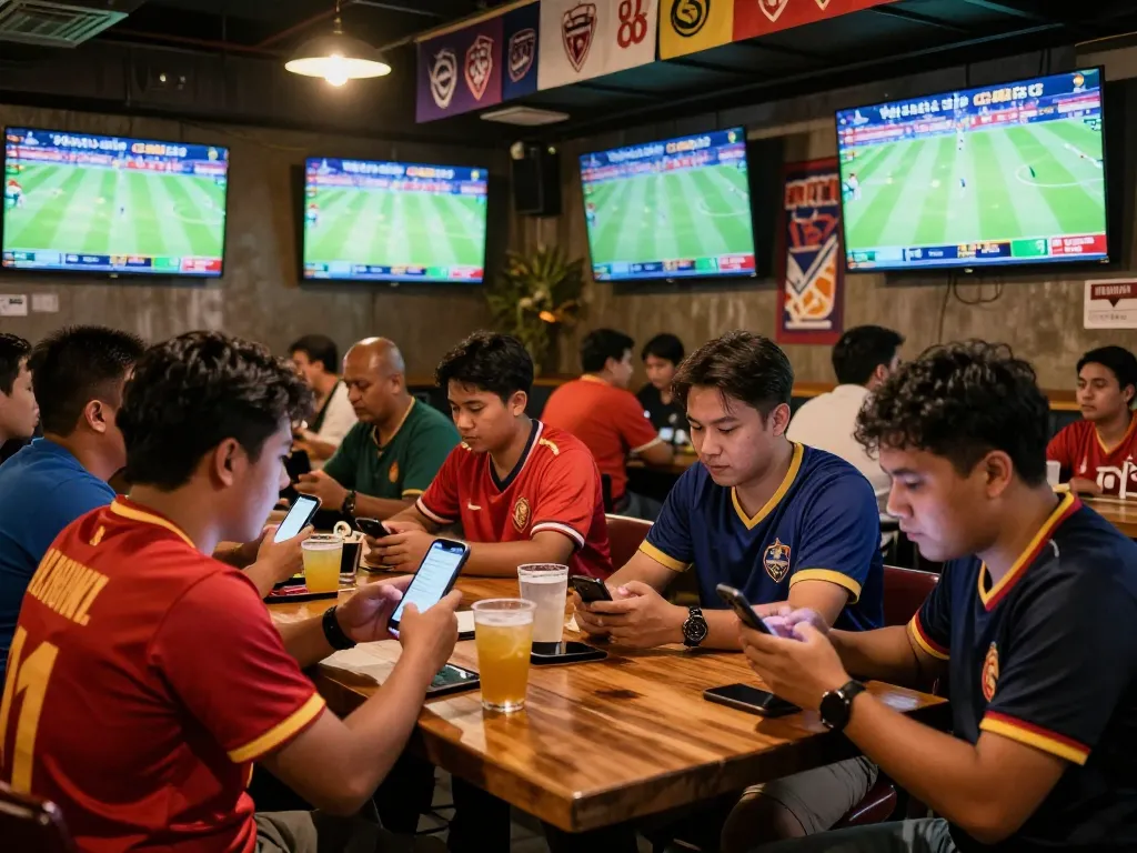 Enthusiastic bettors enjoying the excitement of kèo nhà cái 88 while watching live sports at a bustling bar.