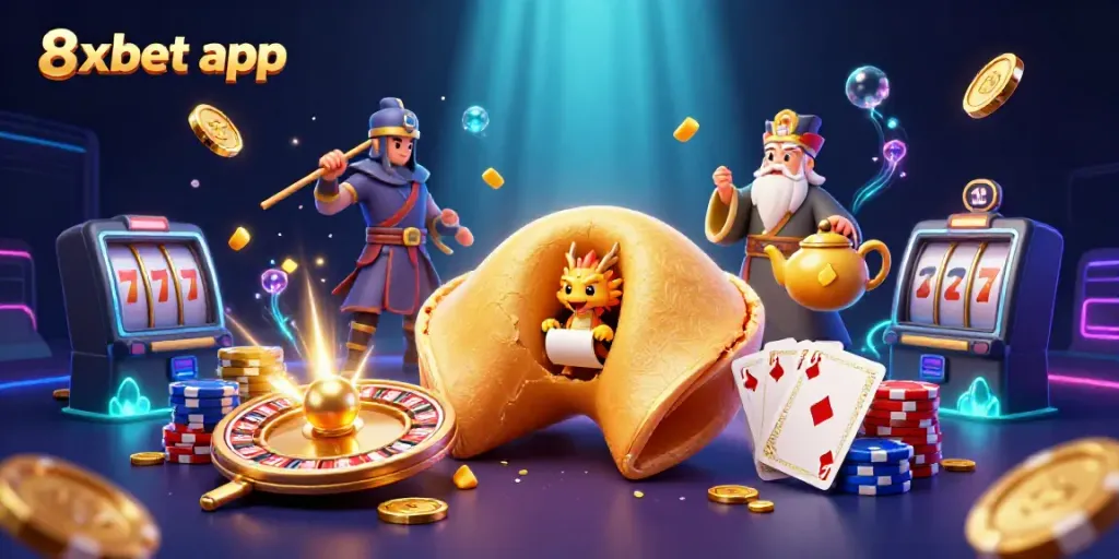Engage with the exciting 8xbet app as characters celebrate a winning atmosphere in this dynamic casino scene.