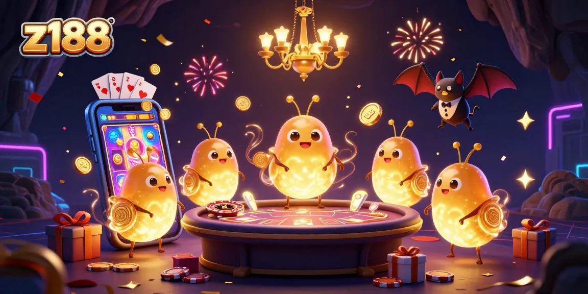 Experience z188's lively cave casino atmosphere with glowworms and a bat dealer amidst spinning slot reels and festive elements.