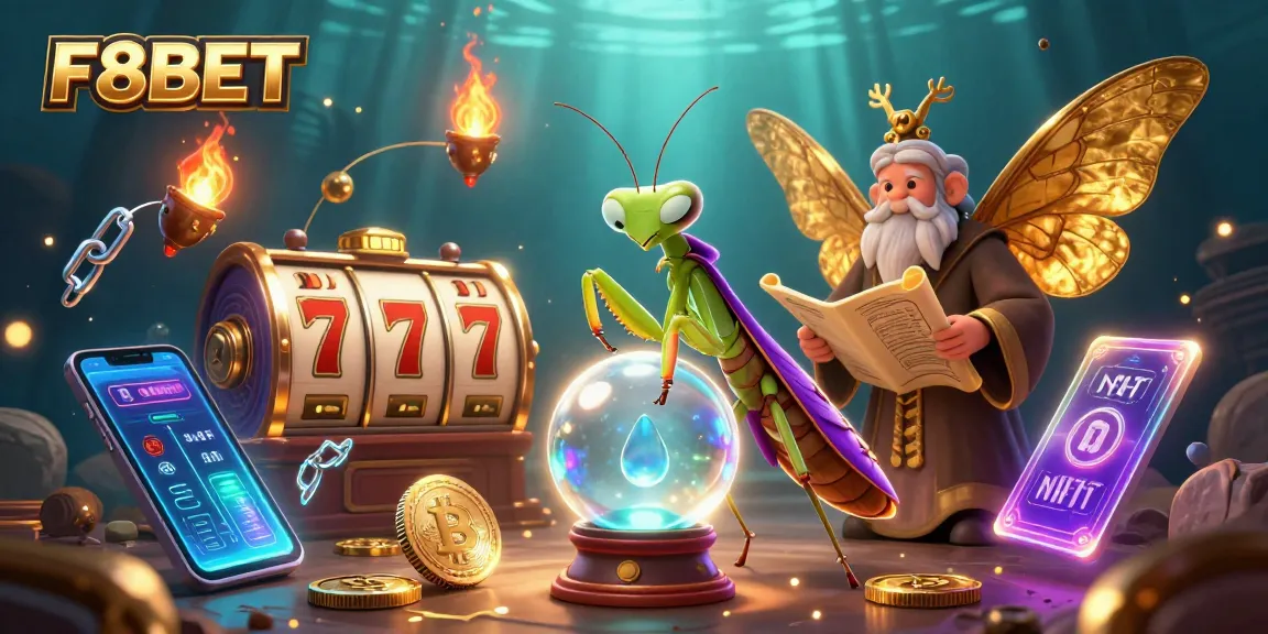 Experience thrilling slots at F8BET with vibrant 3D illustration of fortune tellers and rich casino elements.