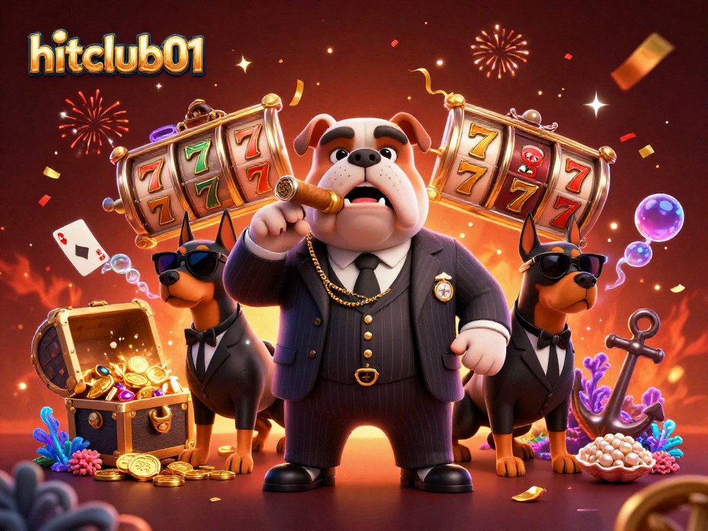 Hitclub01 features vibrant gaming excitement with mafia characters and slot reels.