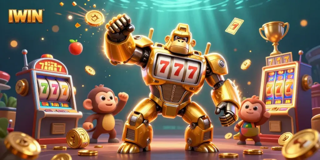 IWIN slot machine themed illustration, featuring a golden gorilla mech amidst dynamic reels and casino elements.