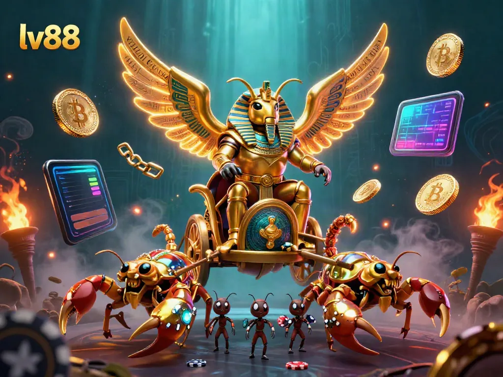 Experience lv88 with a vibrant scene featuring a golden scarab beetle and crypto elements for thrilling online gambling.