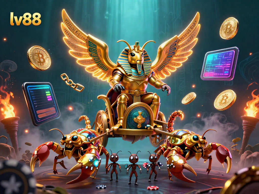 Experience lv88 with a vibrant scene featuring a golden scarab beetle and crypto elements for thrilling online gambling.