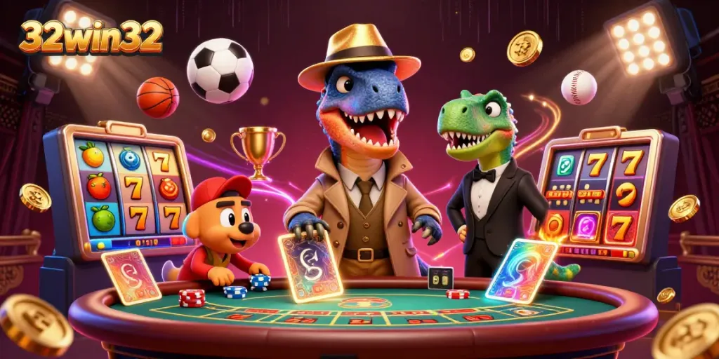 A lively scene illustrating the exciting world of 32win32 with a dinosaur card counter and a casino atmosphere