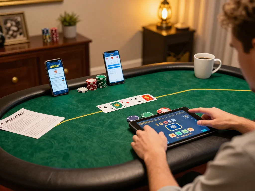 Player enjoying poker on the ai88bet app in a cozy home setting.