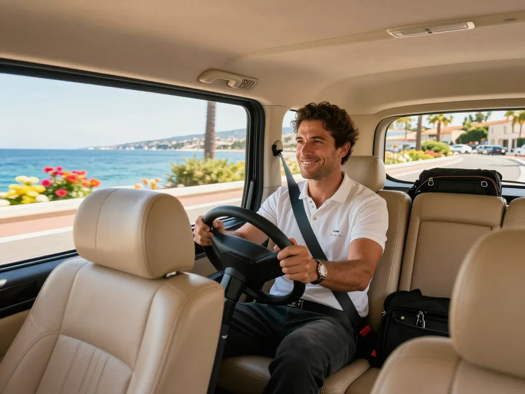 Taxis à Saint-Tropez lors d'une course luxueuse avec un chauffeur professionnel et des vues côtières pittoresques.