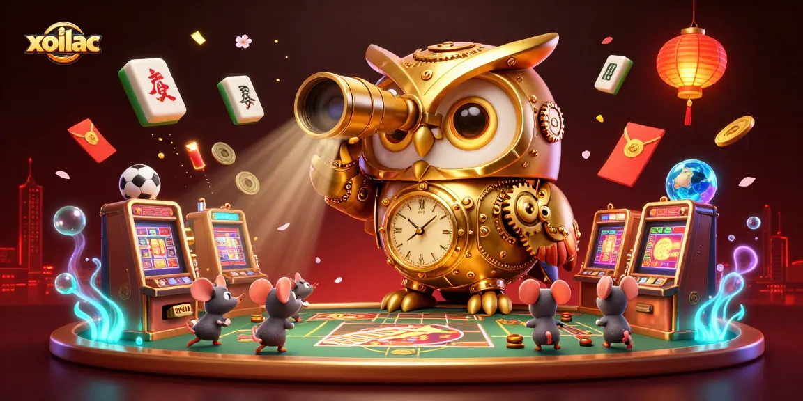 Experience thrilling sports betting with xoilac featuring a dynamic owl, vibrant elements, and packed casino details.