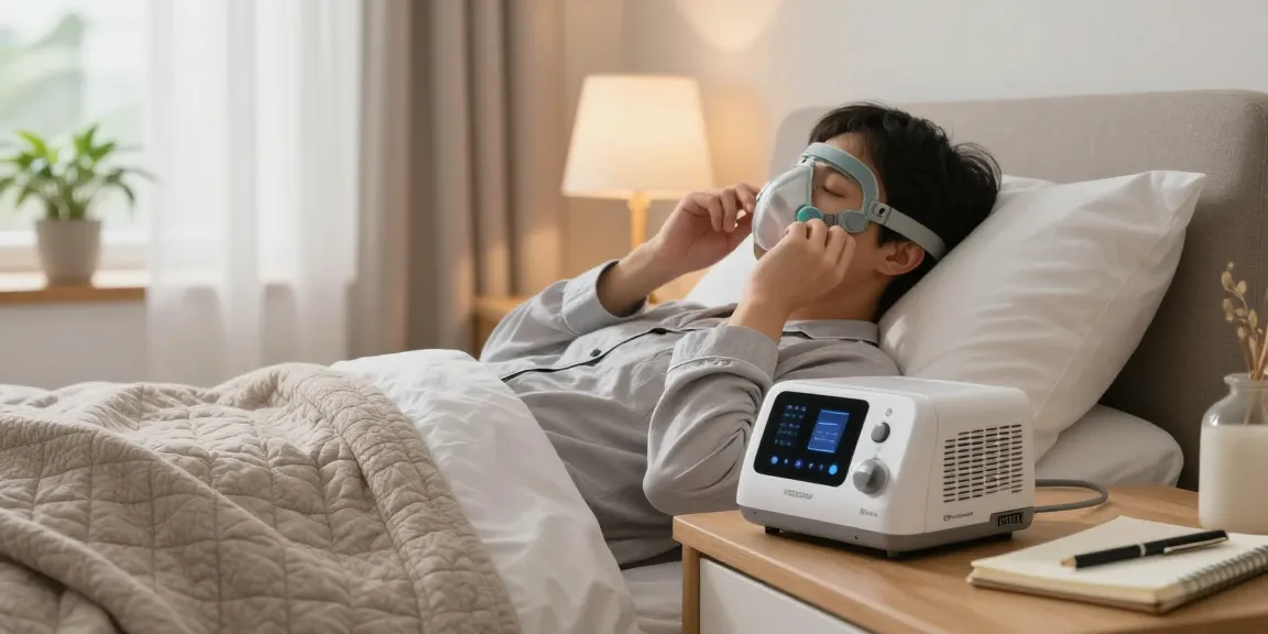 Person adjusting cpap machines accessories in a cozy bedroom setting with soft lighting and sleep health elements.