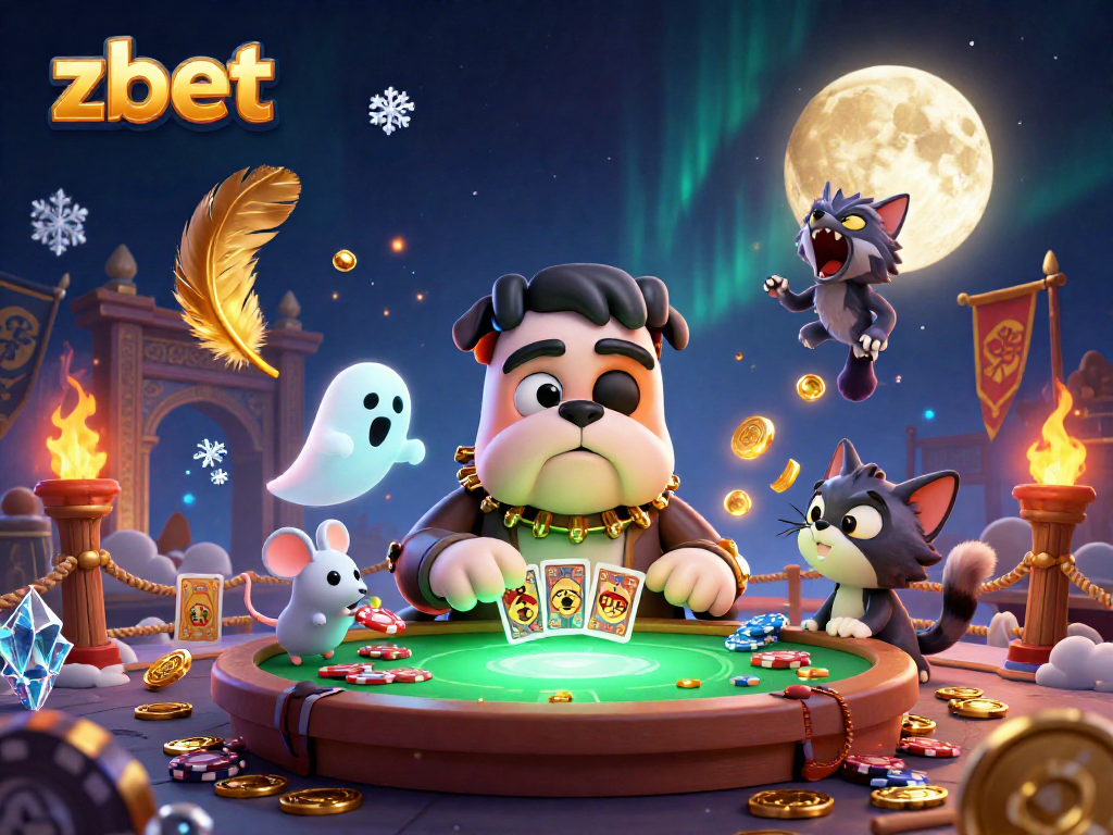 Zbet deals cards at a spooky casino table in a fantastical scene filled with vibrant gaming elements.