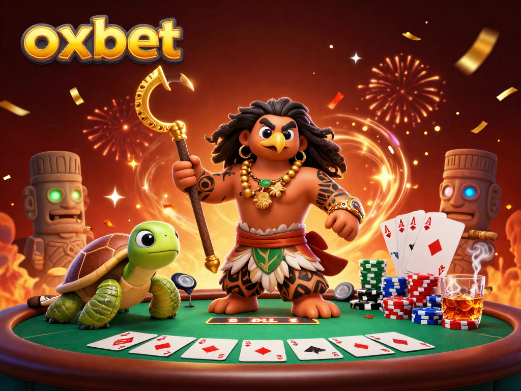 Play exciting poker at oxbet with a detailed 3D cartoon scene of Maui-style characters and vibrant casino elements.
