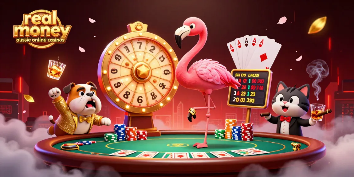 Engaging scene of real money aussie online casinos featuring a game show host flamingo and a bulldog contestant.