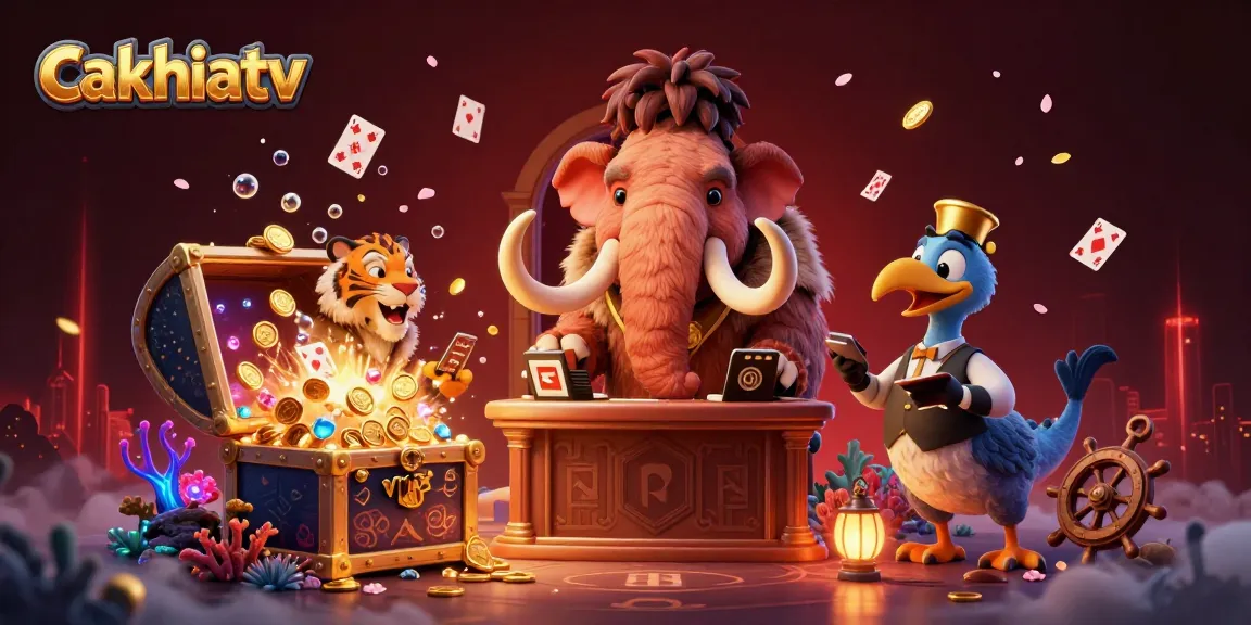 Experience seamless streaming at cakhiatv with vibrant gambling-themed 3D characters and gaming elements.