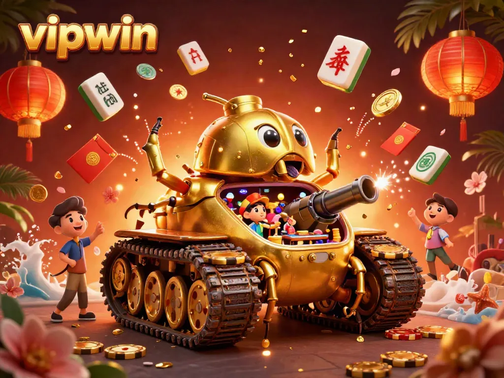 Experience thrilling gaming at vipwin with a golden beetle tank revealing a miniature casino.