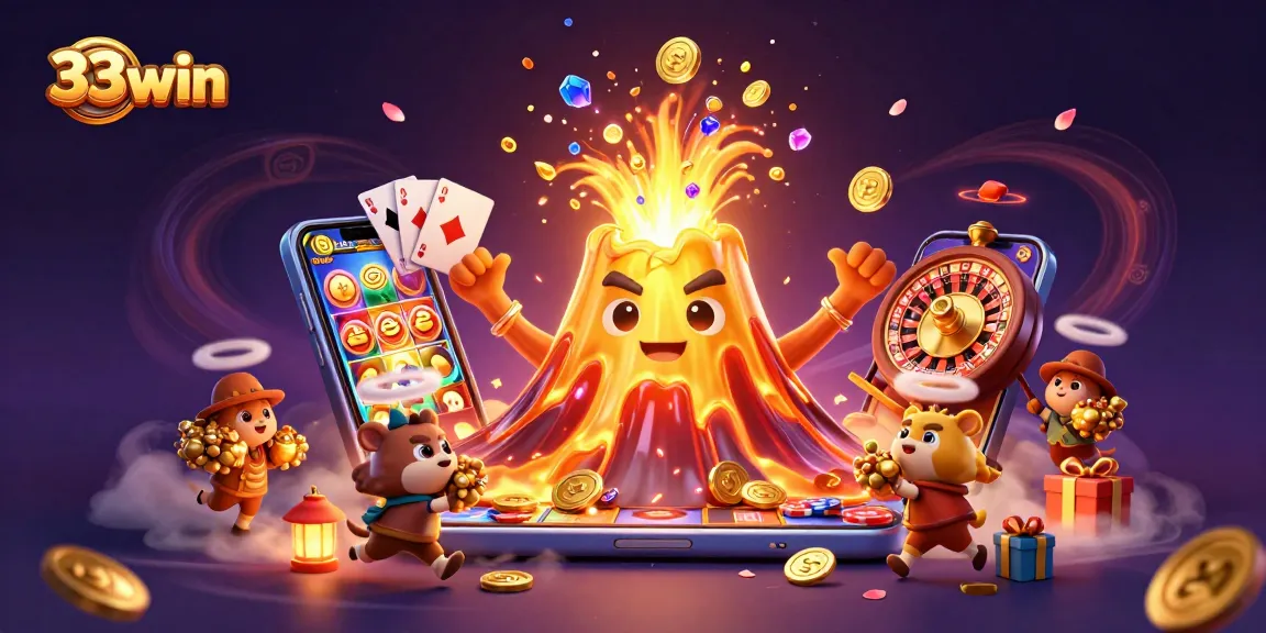 Engage thrilling casino experiences with 33win's vibrant golden volcano and gaming treasures.