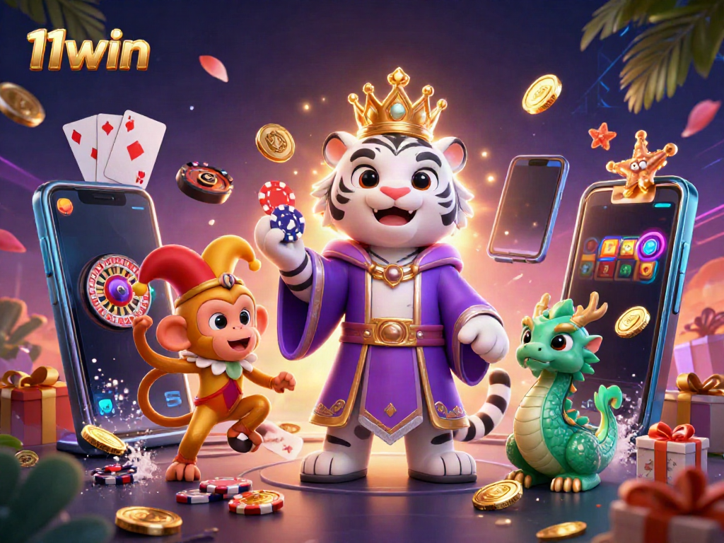 Experience 11win action with a mesmerizing 3D illustration depicting a white tiger, a juggling monkey, and a jade dragon in a vibrant casino setting.