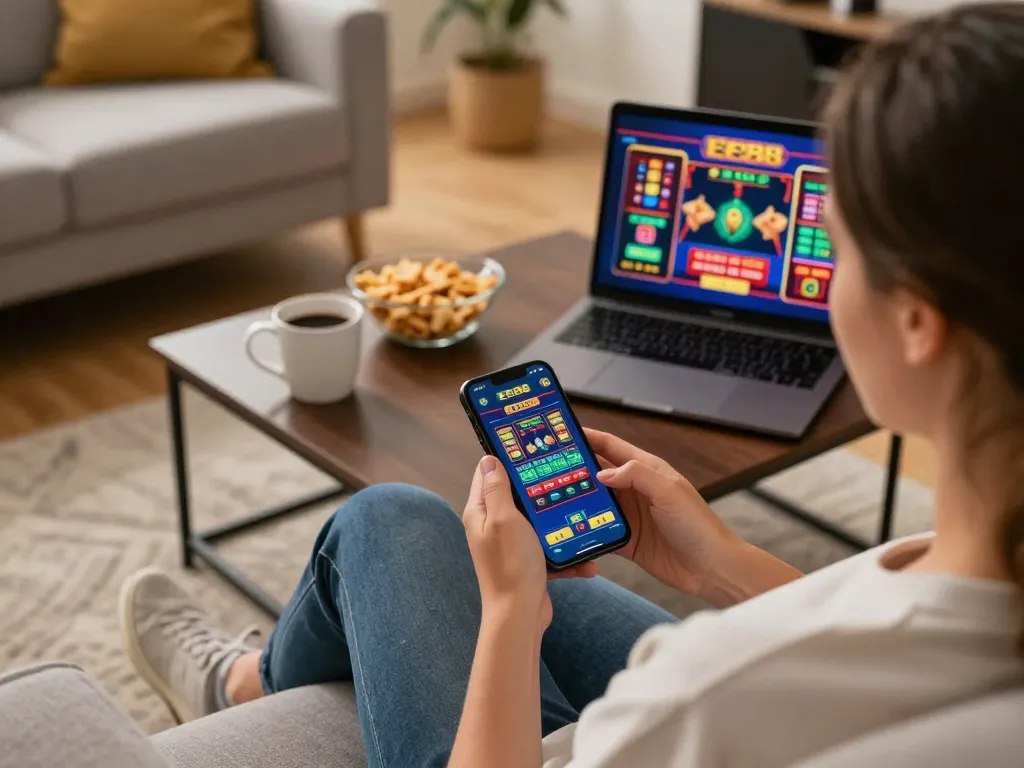 Engaging with the Ee88 app for online casino gaming in a cozy home setup