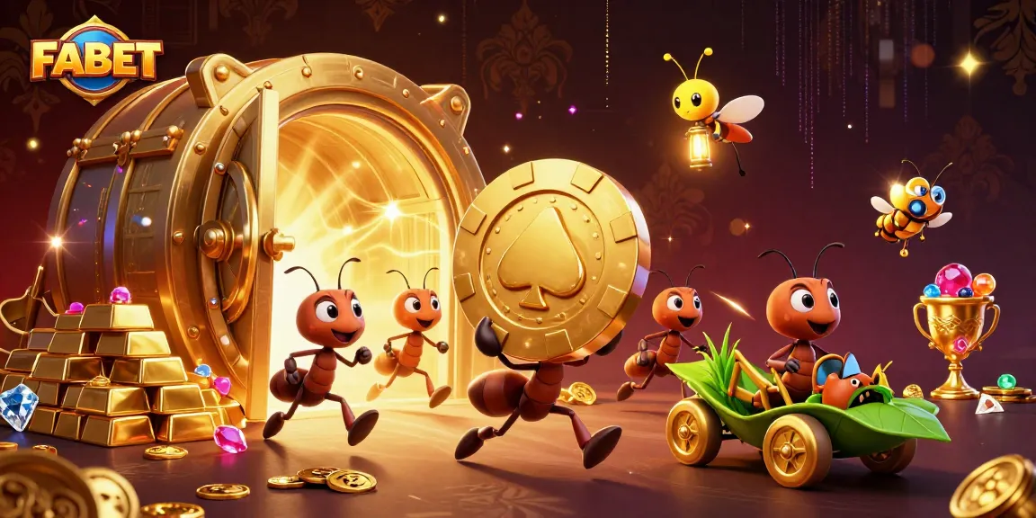 FABET's cartoon ants on a heist for golden poker chips, showcasing thrilling gaming themes.