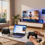 Exploring latest tech gadgets 2034 in a stylish living room with smart gadgets and devices.