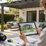 Pergola Configurator Software illustrating an outdoor design process with a homeowner engaging with digital tools in a vibrant garden